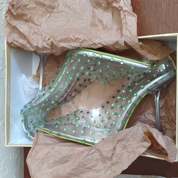 WORN ONCE Public Desire Green Diamante Studded Clear Pointed Toe Heels Size 8 - Picture 10 of 13
